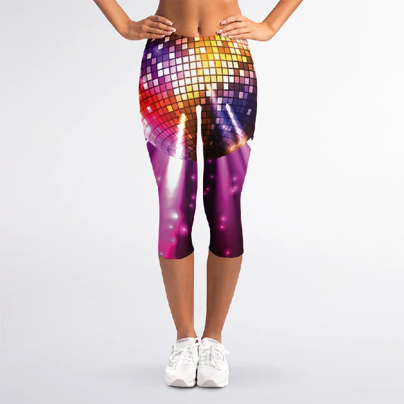 Closeout Sale Purple Light Disco Ball Print Women's Capri Leggings