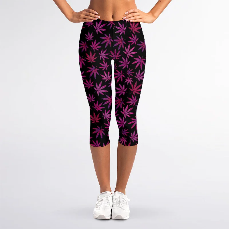 Instant Savings Purple Marijuana Leaf Pattern Print Women's Capri Leggings