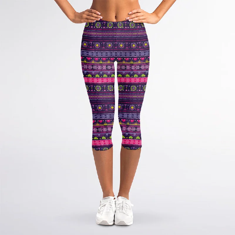 Customer Appreciation Sale Purple Native Tribal Pattern Print Women's Capri Leggings