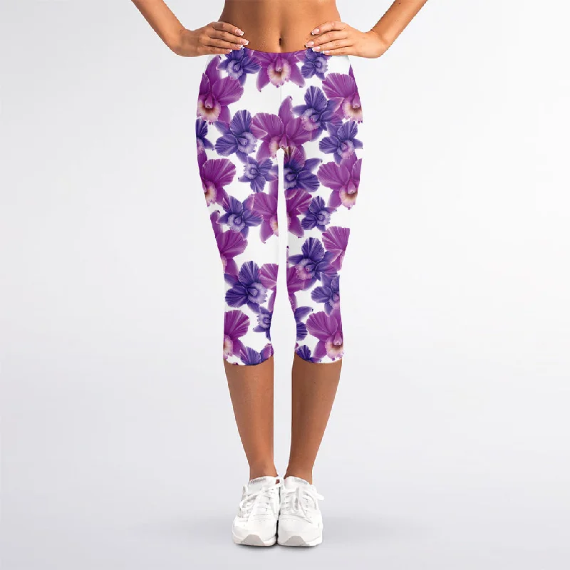 Weekend Flash Sale Purple Orchid Flower Pattern Print Women's Capri Leggings