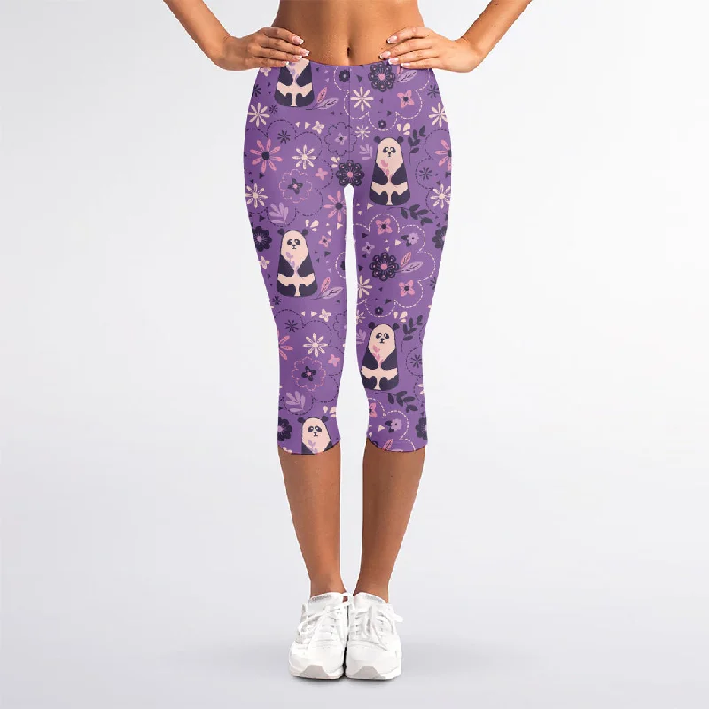 Limited Quantity Purple Panda And Flower Pattern Print Women's Capri Leggings