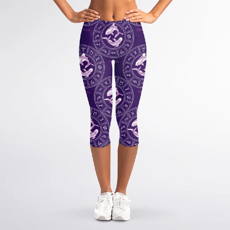 Exclusive Access Purple Pisces Zodiac Pattern Print Women's Capri Leggings