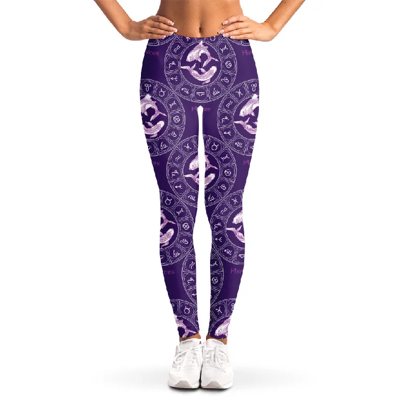 Super Sale Purple Pisces Zodiac Pattern Print Women's Leggings