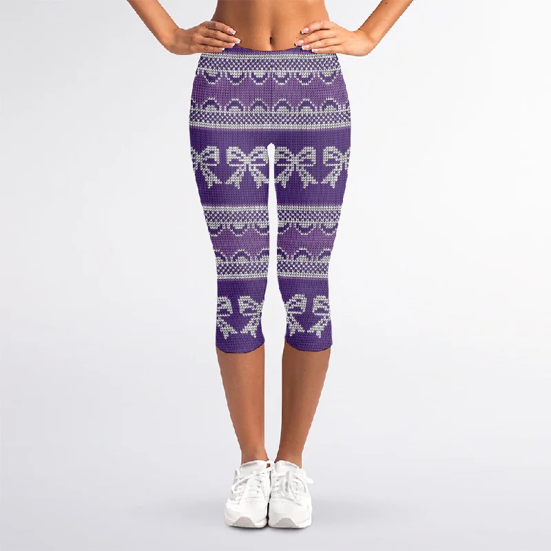 Members Only Purple Ribbon Knitted Pattern Print Women's Capri Leggings