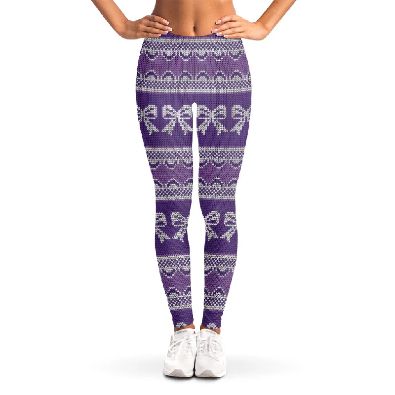 Anniversary Sale Purple Ribbon Knitted Pattern Print Women's Leggings