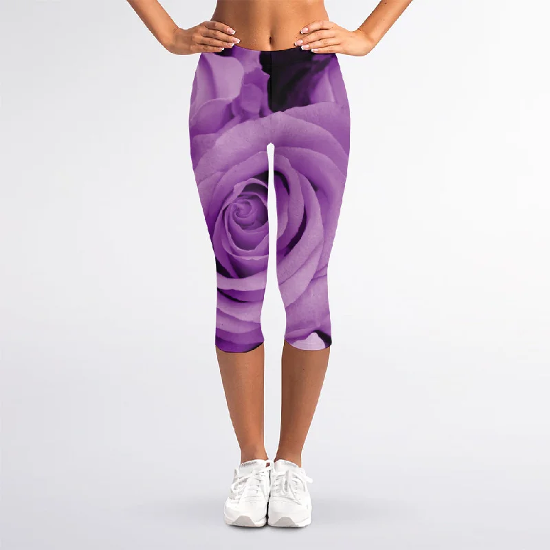 Holiday Sale Purple Rose Print Women's Capri Leggings