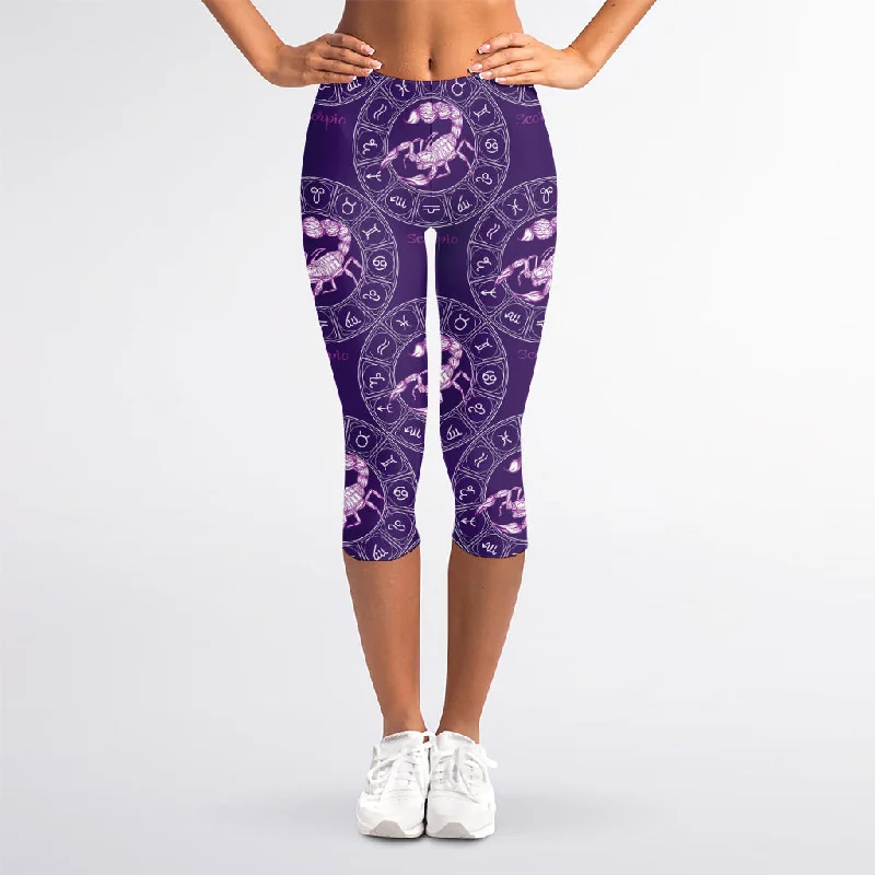 Unbeatable Prices Purple Scorpio Zodiac Pattern Print Women's Capri Leggings