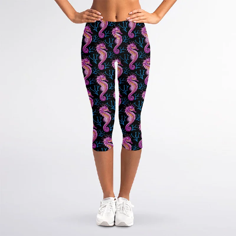 Year-End Sale Purple Seahorse Pattern Print Women's Capri Leggings