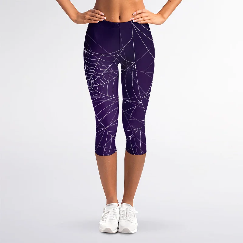 Steals and Deals Purple Spider Web Pattern Print Women's Capri Leggings