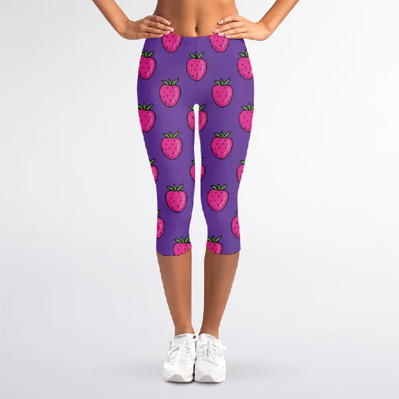 Exclusive Deal Purple Strawberry Pattern Print Women's Capri Leggings