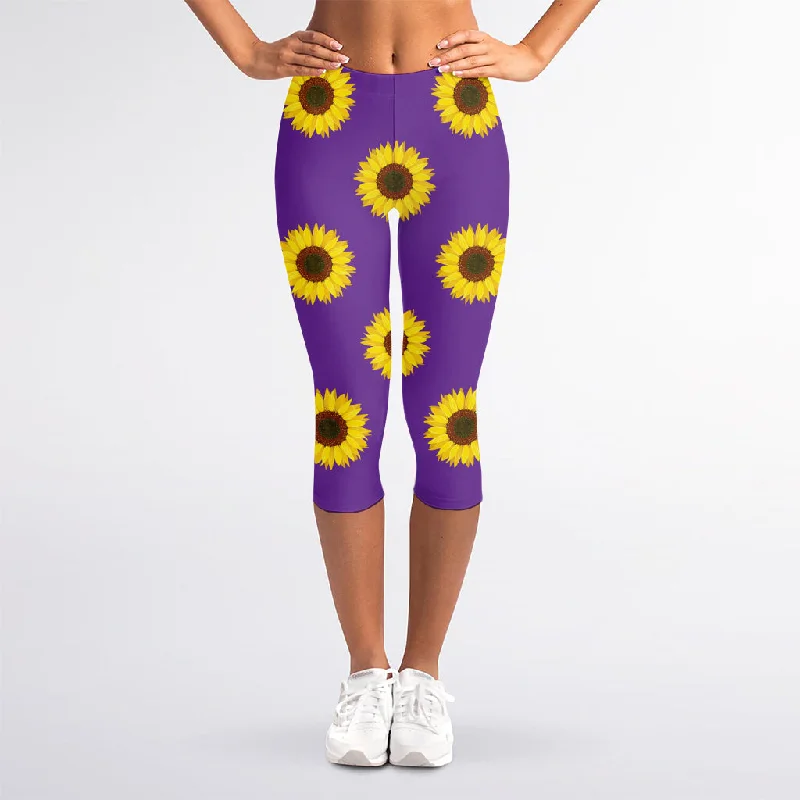 Weekend Deal Purple Sunflower Pattern Print Women's Capri Leggings