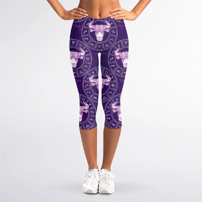 New Markdowns Purple Taurus Zodiac Pattern Print Women's Capri Leggings