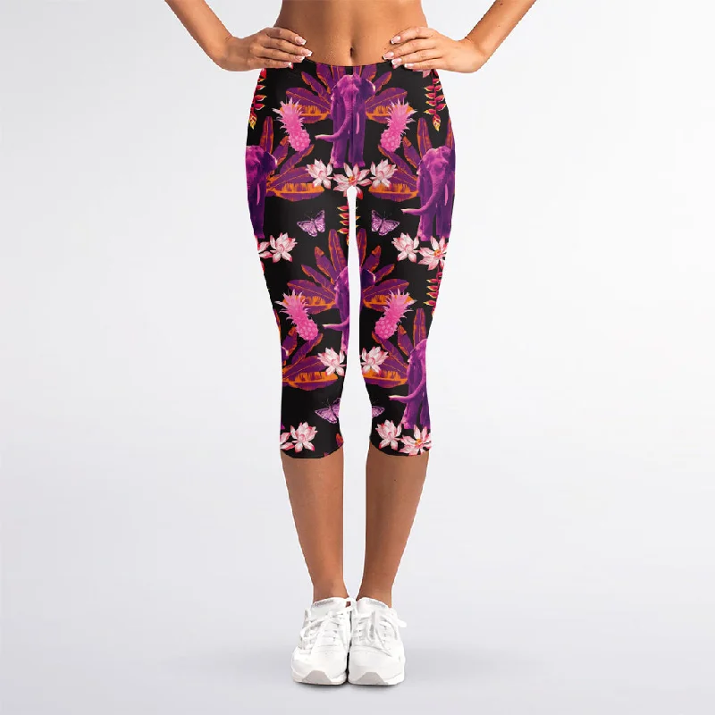 Super Bargain Purple Tropical Elephant Pattern Print Women's Capri Leggings