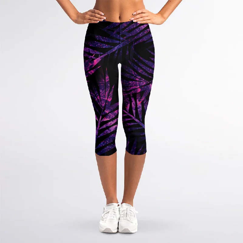 Sale Event Purple Tropical Leaves Print Women's Capri Leggings