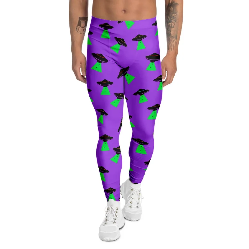 Limited Time Purple UFO Alien Spaceship Print Pattern Men's Leggings