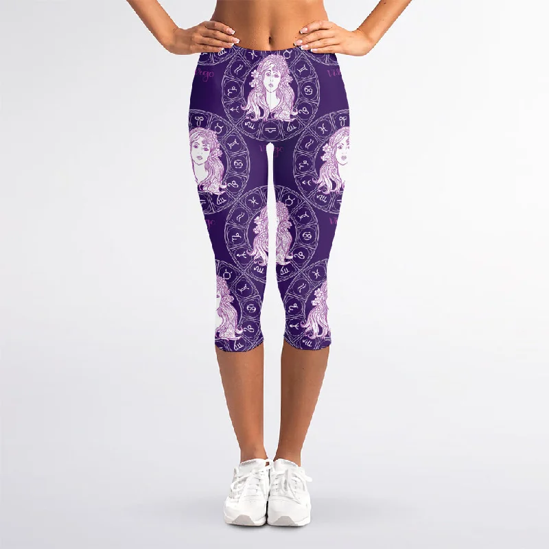 Limited Availability Purple Virgo Zodiac Pattern Print Women's Capri Leggings