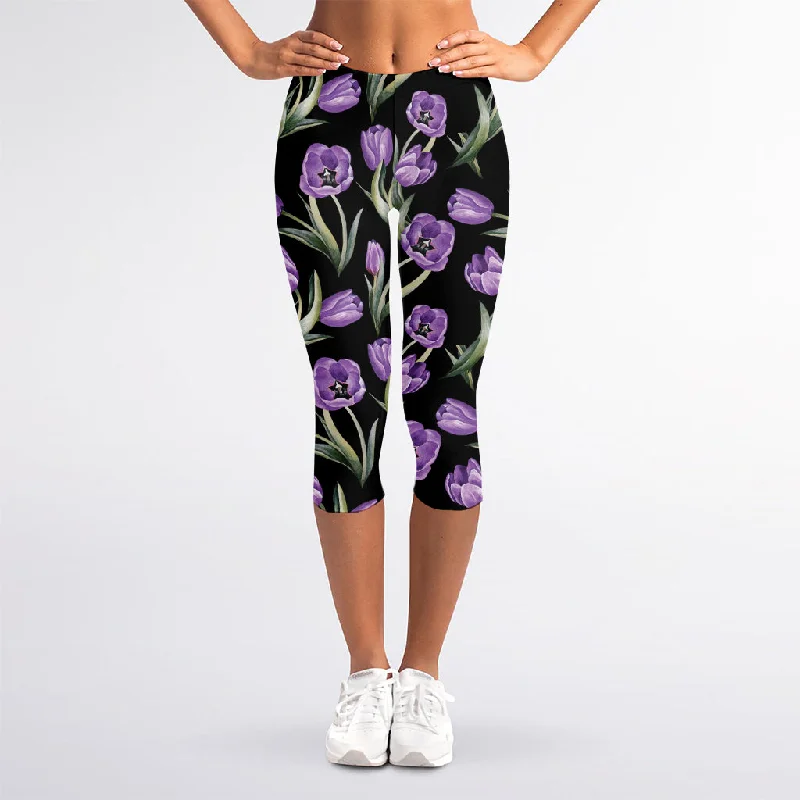 Price Rollback Purple Watercolor Tulip Pattern Print Women's Capri Leggings