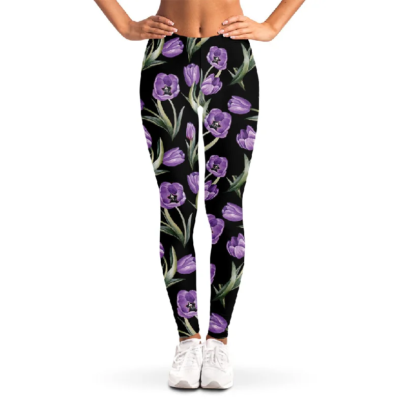 Exclusive Online Offer Purple Watercolor Tulip Pattern Print Women's Leggings