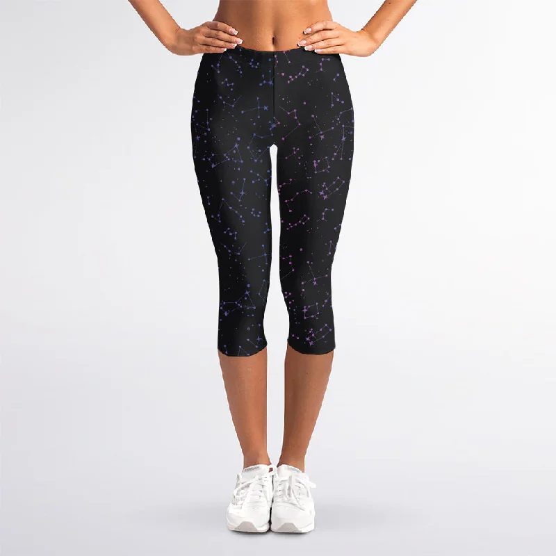 Extra Savings Purple Zodiac Stars Pattern Print Women's Capri Leggings