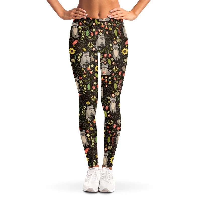 Early Access Raccoon And Floral Pattern Print Women's Leggings