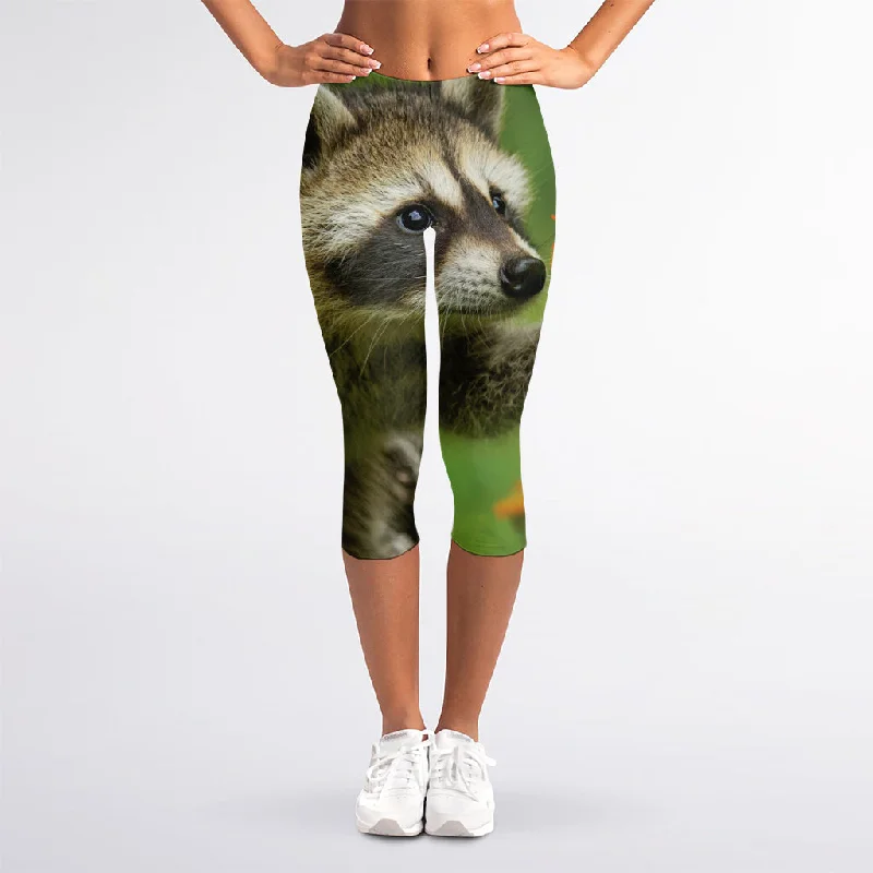 One-DAY Sale Raccoon And Flower Print Women's Capri Leggings