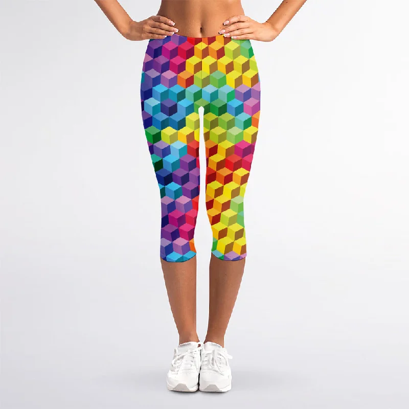Daily Specials Rainbow Cubes Pattern Print Women's Capri Leggings