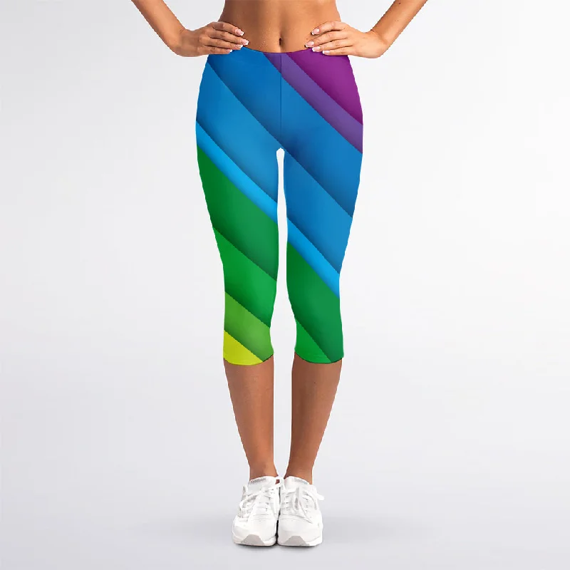 Blowout Deals Rainbow Diagonal Lines Pattern Print Women's Capri Leggings