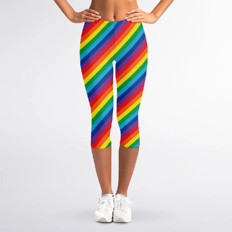 Act Now Rainbow Diagonal Striped Pattern Print Women's Capri Leggings