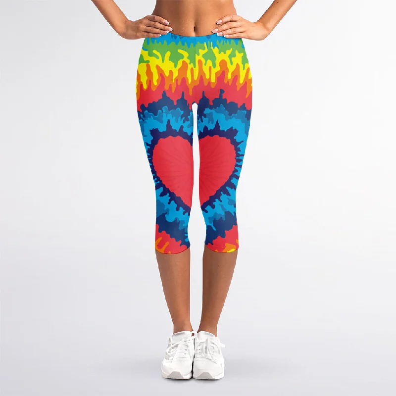 Super Bargain Rainbow Heart Tie Dye Print Women's Capri Leggings