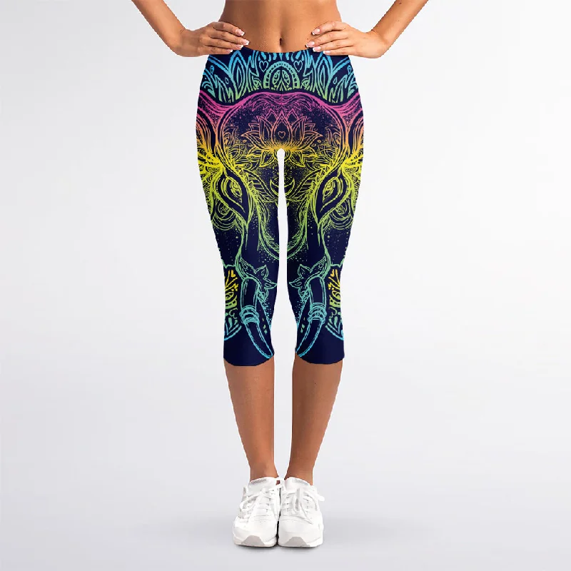Price Rollback Rainbow Indian Elephant Print Women's Capri Leggings