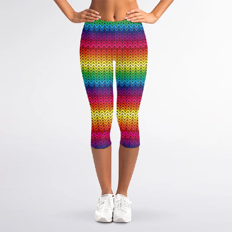 Online Only Rainbow Knitted Mexican Pattern Print Women's Capri Leggings