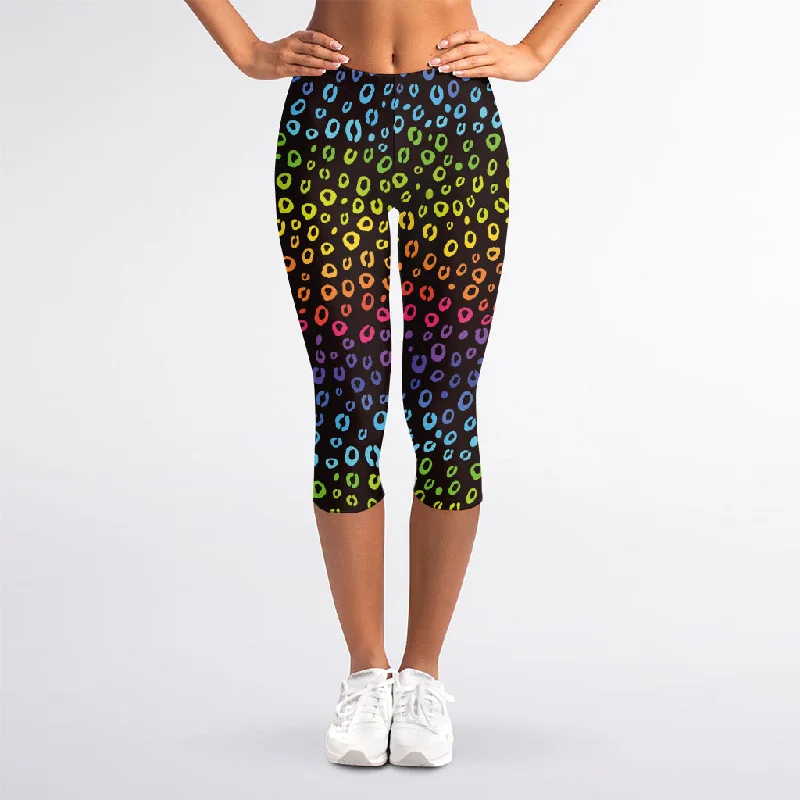 New Deals Rainbow Leopard Pattern Print Women's Capri Leggings
