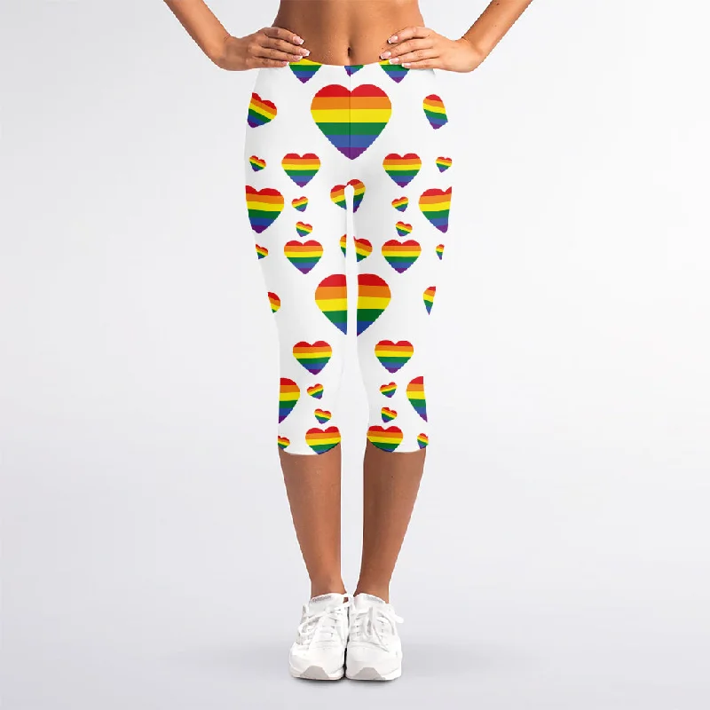 Instant Discount Rainbow LGBT Heart Pattern Print Women's Capri Leggings