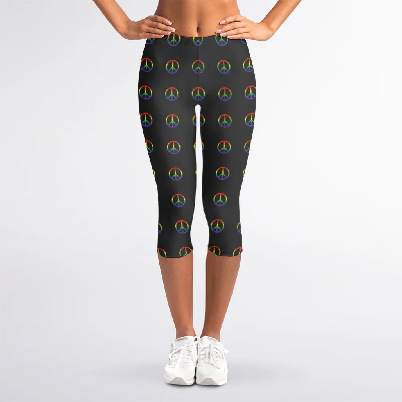 Final Clearance Rainbow LGBT Peace Sign Pattern Print Women's Capri Leggings