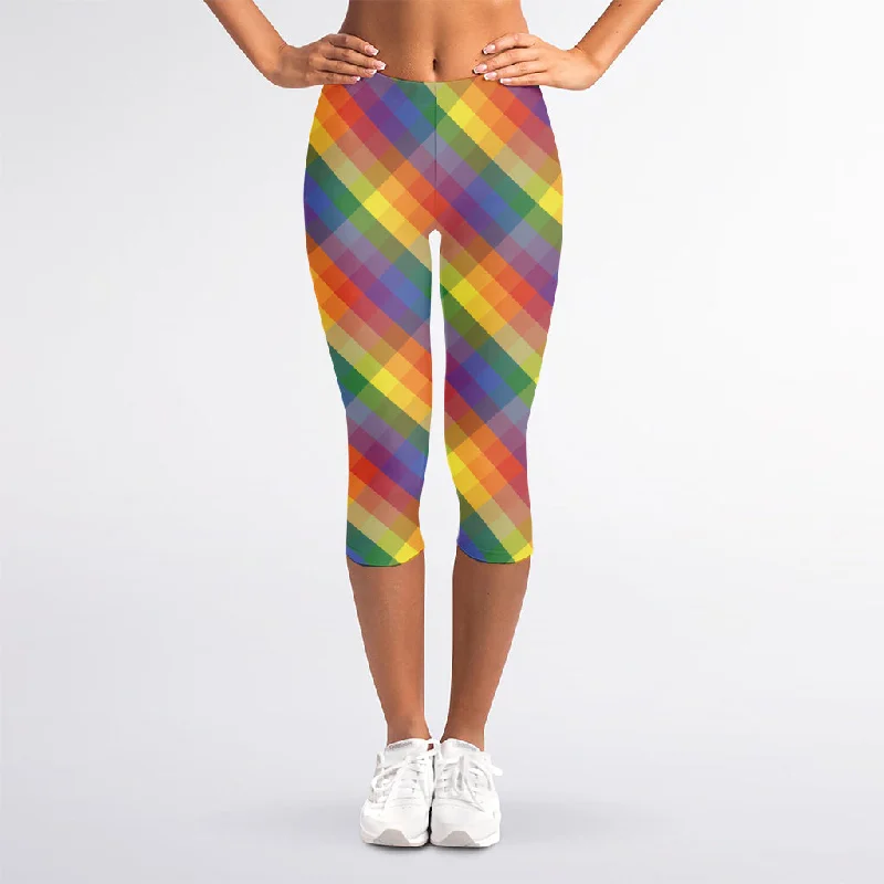 Great Deals Rainbow LGBT Plaid Pattern Print Women's Capri Leggings
