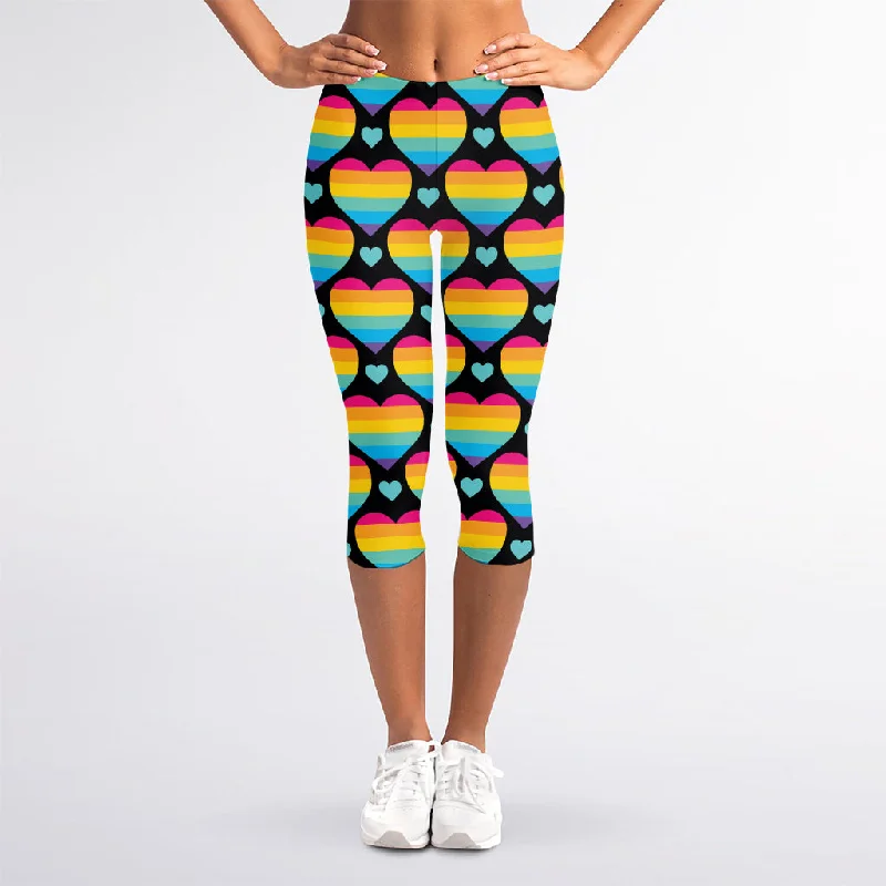 Closeout Rainbow LGBT Pride Heart Pattern Print Women's Capri Leggings