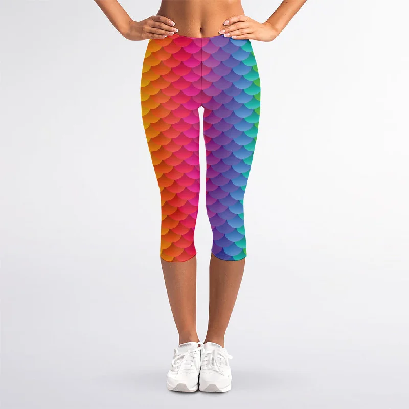 Exclusive Savings Rainbow Mermaid Scale Pattern Print Women's Capri Leggings