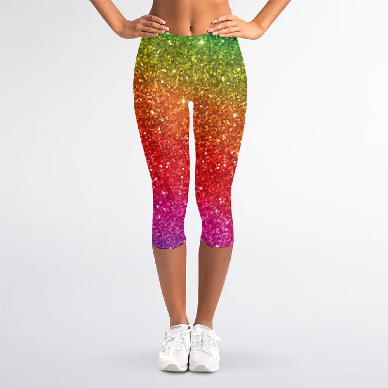 Shop and Save Rainbow (NOT Real) Glitter Artwork Print Women's Capri Leggings