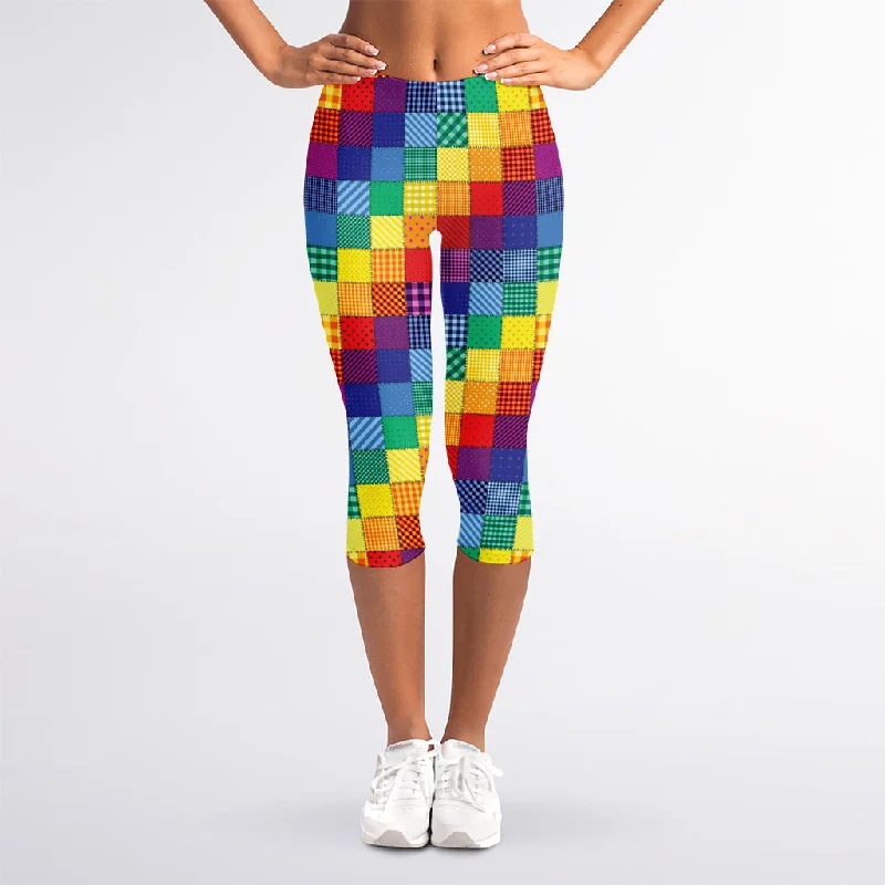 Amazing Deals Rainbow Patchwork Pattern Print Women's Capri Leggings
