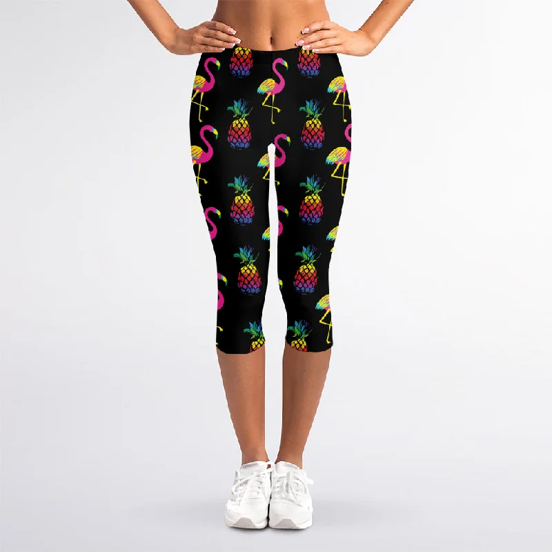 Deep Discounts Rainbow Pineapple And Flamingo Print Women's Capri Leggings