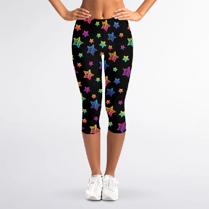 Warehouse Sale Rainbow Stars Pattern Print Women's Capri Leggings