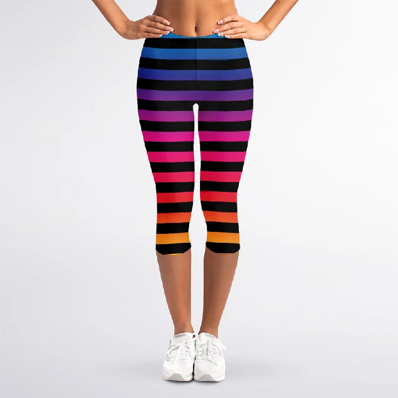 Blowout Sale Rainbow Striped Pattern Print Women's Capri Leggings