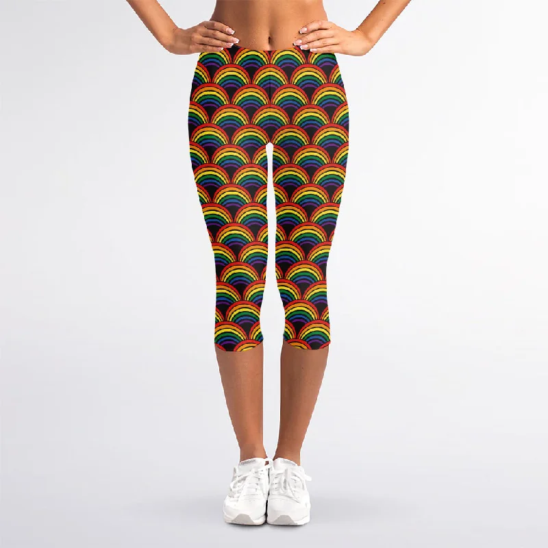 Weekend Flash Sale Rainbow Wave Pattern Print Women's Capri Leggings