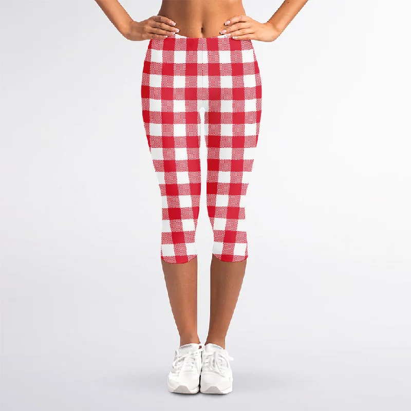 Get It Before It’s Gone Raspberry Red And White Gingham Print Women's Capri Leggings
