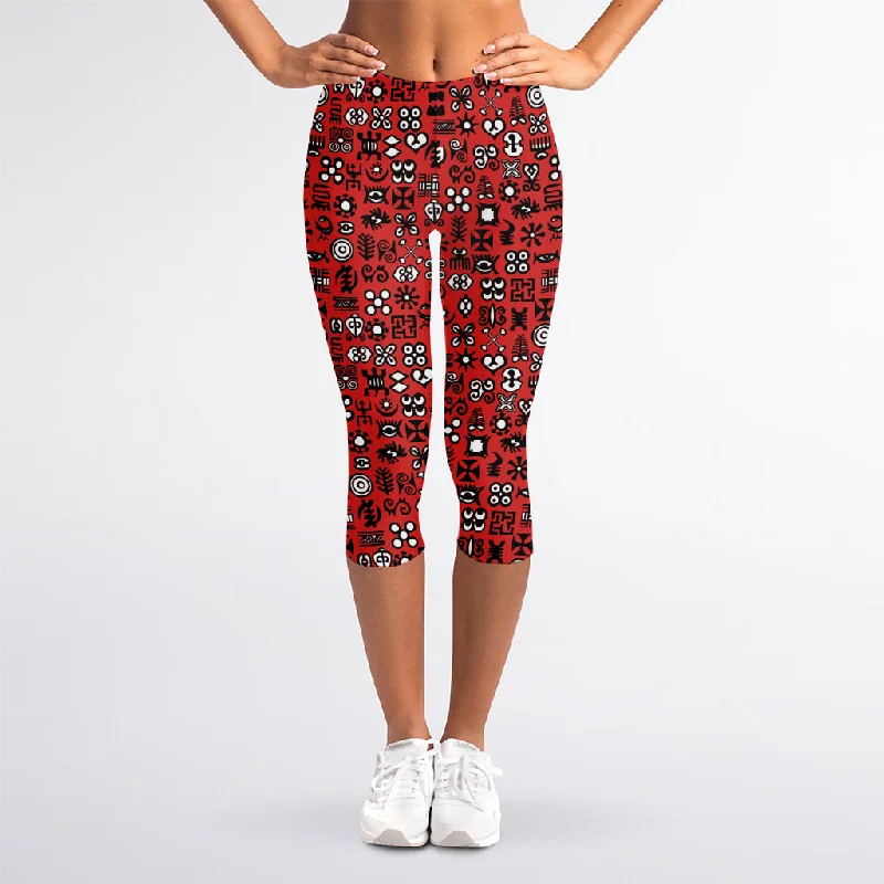 Unmissable Offer Red Adinkra Tribe Symbols Print Women's Capri Leggings