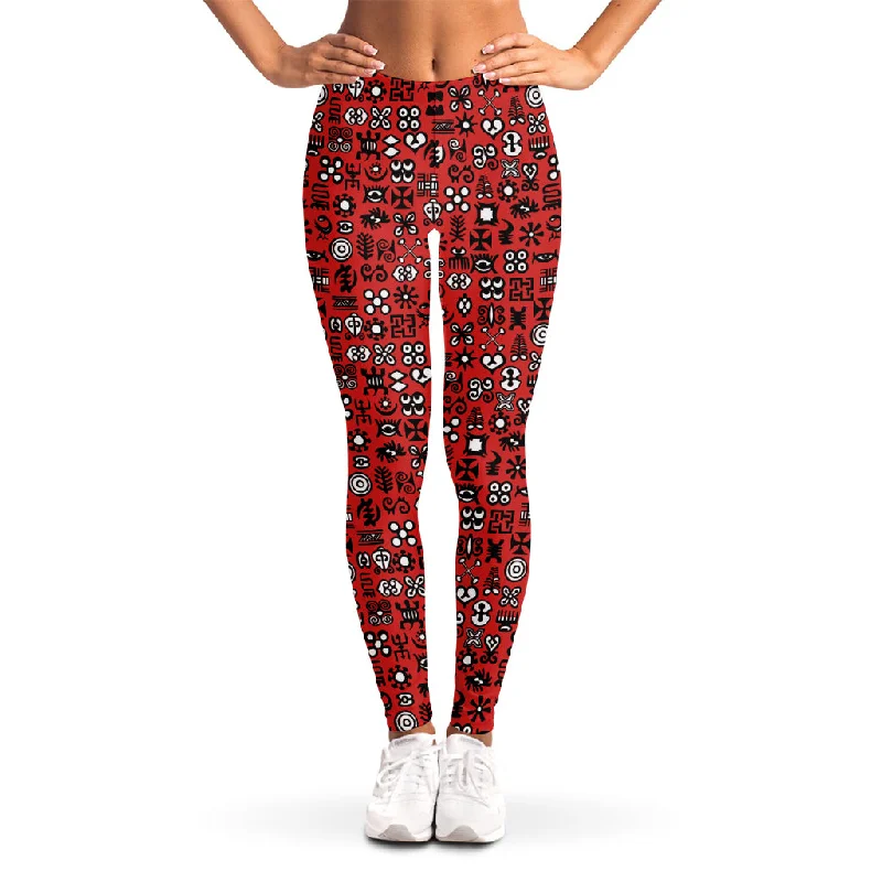 Special Promotion Red Adinkra Tribe Symbols Print Women's Leggings