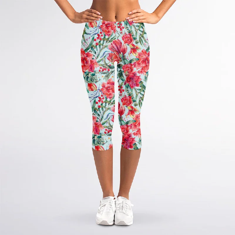 Special Price Red Amaryllis Pattern Print Women's Capri Leggings