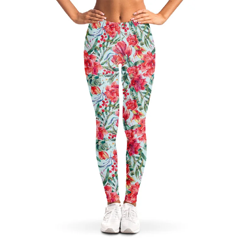 Price Slash Red Amaryllis Pattern Print Women's Leggings