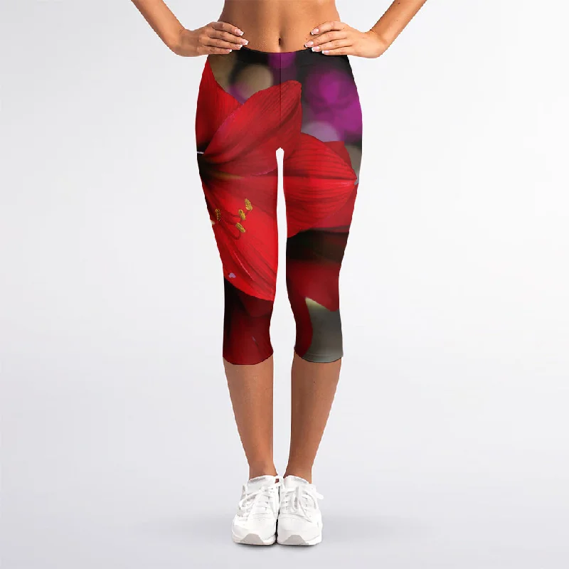 New Deals Red Amaryllis Print Women's Capri Leggings