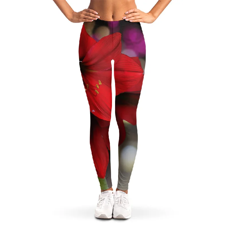 Doorbuster Deal Red Amaryllis Print Women's Leggings